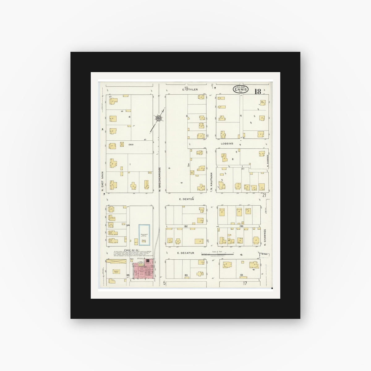 Old map wall art mockup — black gallery frame with white mat — Sanborn Fire Insurance Map from Ennis, Ellis County, Texas (1920), Sheet #0018