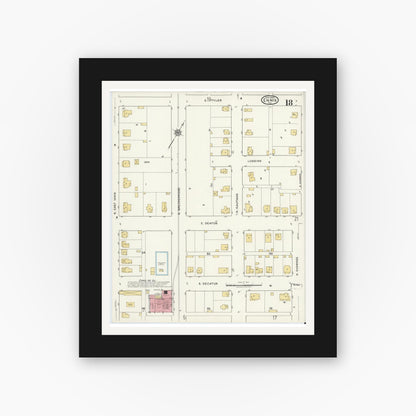 Old map wall art mockup — black gallery frame with white mat — Sanborn Fire Insurance Map from Ennis, Ellis County, Texas (1920), Sheet #0018