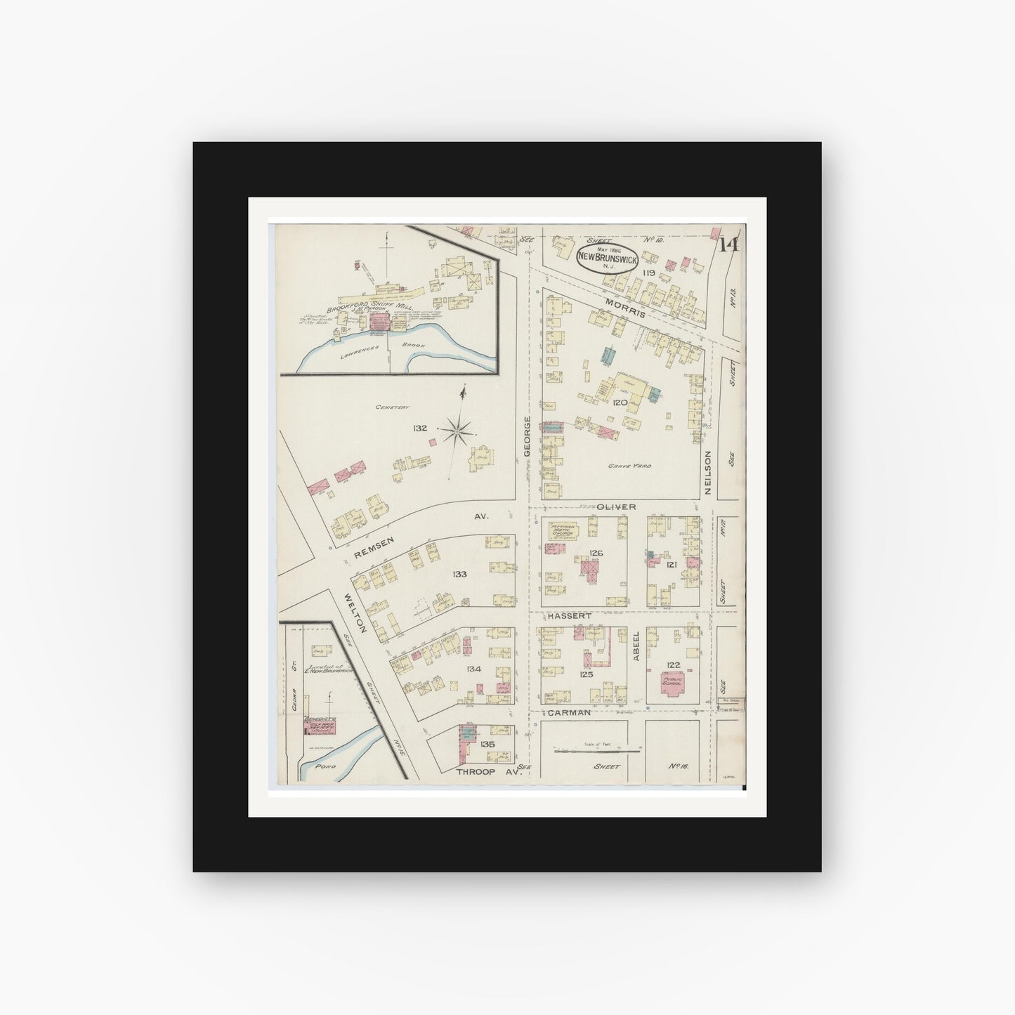 Old map wall art mockup — black gallery frame with white mat — Sanborn Fire Insurance Map from New Brunswick, Middlesex County, New Jersey (1886), Sheet #0014