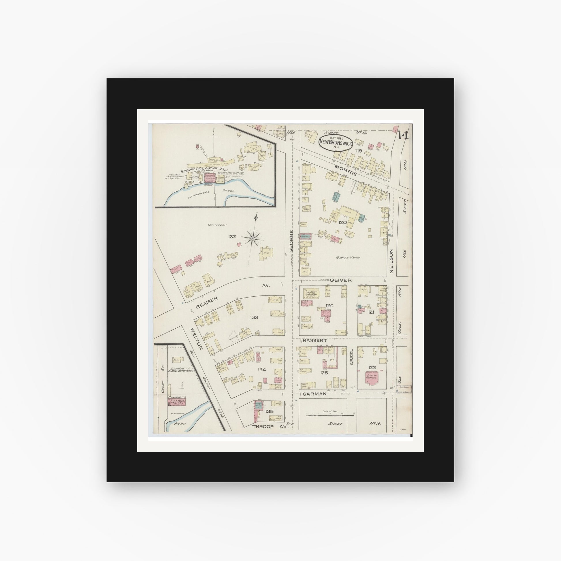 Old map wall art mockup — black gallery frame with white mat — Sanborn Fire Insurance Map from New Brunswick, Middlesex County, New Jersey (1886), Sheet #0014