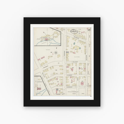 Old map wall art mockup — black gallery frame with white mat — Sanborn Fire Insurance Map from New Brunswick, Middlesex County, New Jersey (1886), Sheet #0014