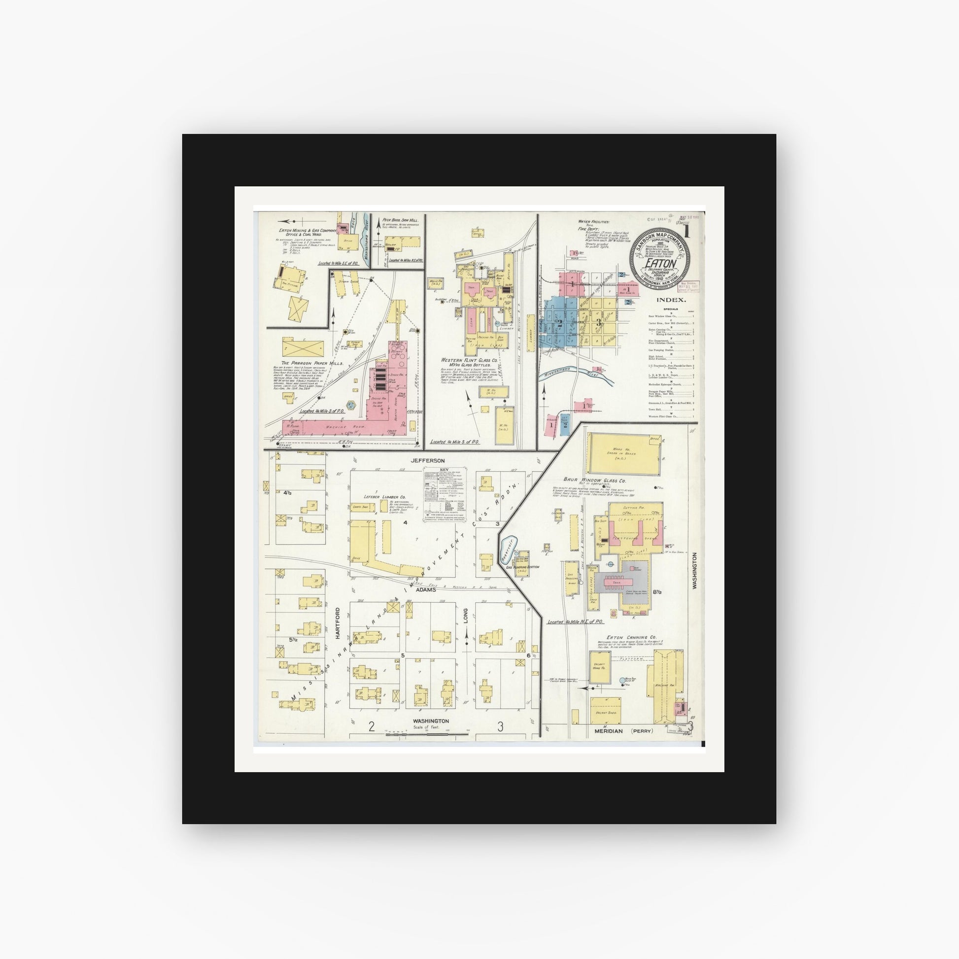 Old map wall art mockup — black gallery frame with white mat — Sanborn Fire Insurance Map from Eaton, Delaware County, Indiana (1910), Sheet #0001
