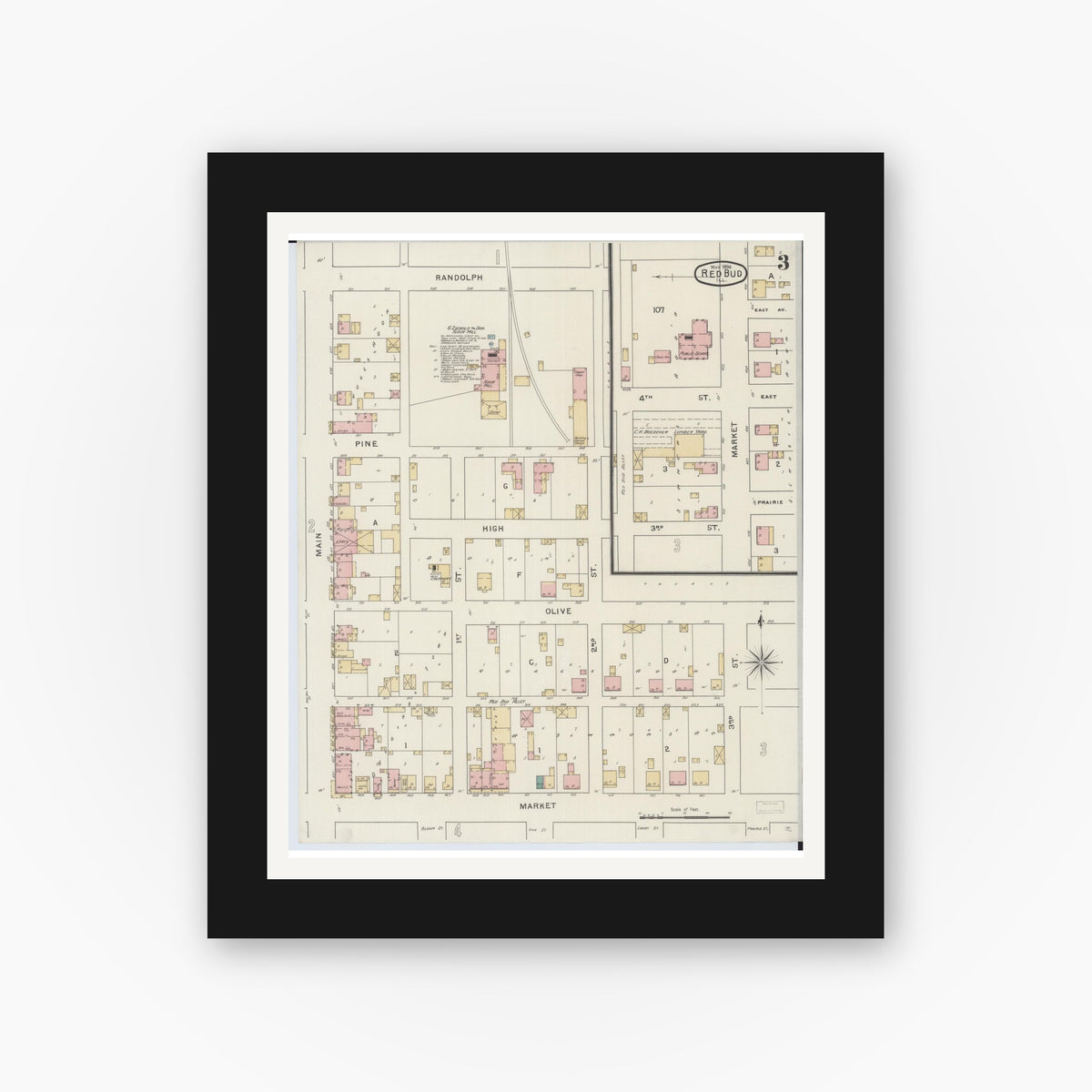Old map wall art mockup — black gallery frame with white mat — Sanborn Fire Insurance Map from Red Bud, Randolph County, Illinois (1894), Sheet #0003