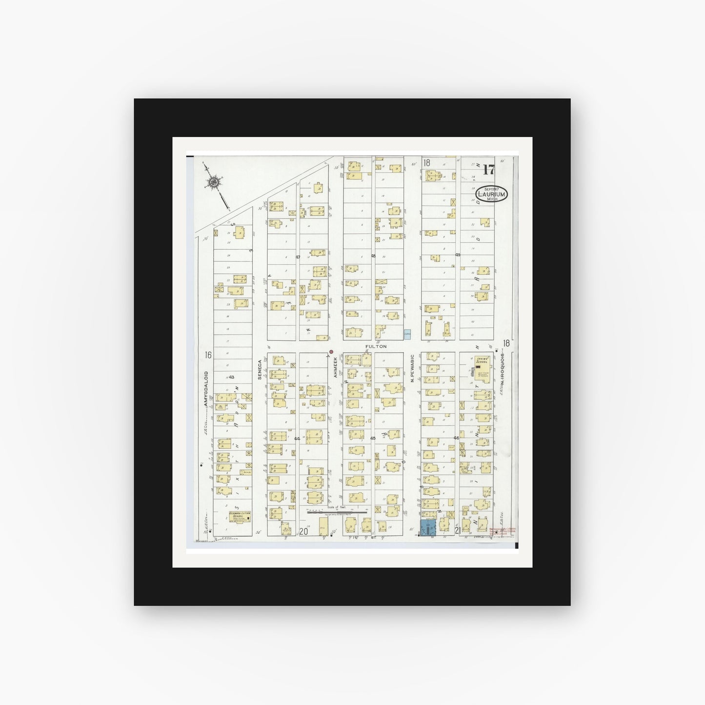 Old map wall art mockup — black gallery frame with white mat — Sanborn Fire Insurance Map from Laurium, Houghton County, Michigan (1917), Sheet #0017
