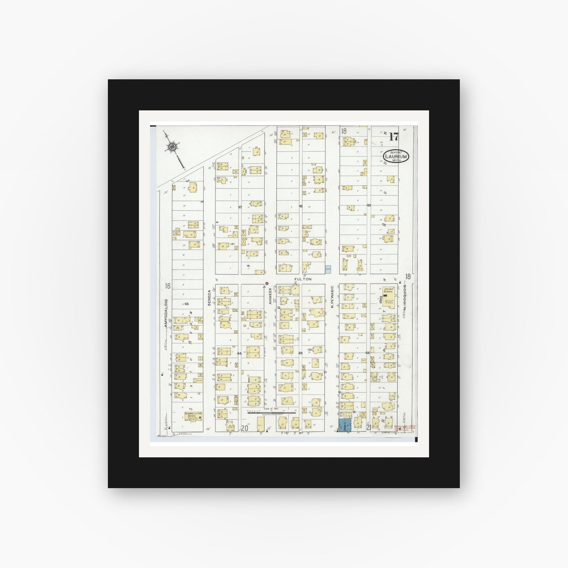 Old map wall art mockup — black gallery frame with white mat — Sanborn Fire Insurance Map from Laurium, Houghton County, Michigan (1917), Sheet #0017