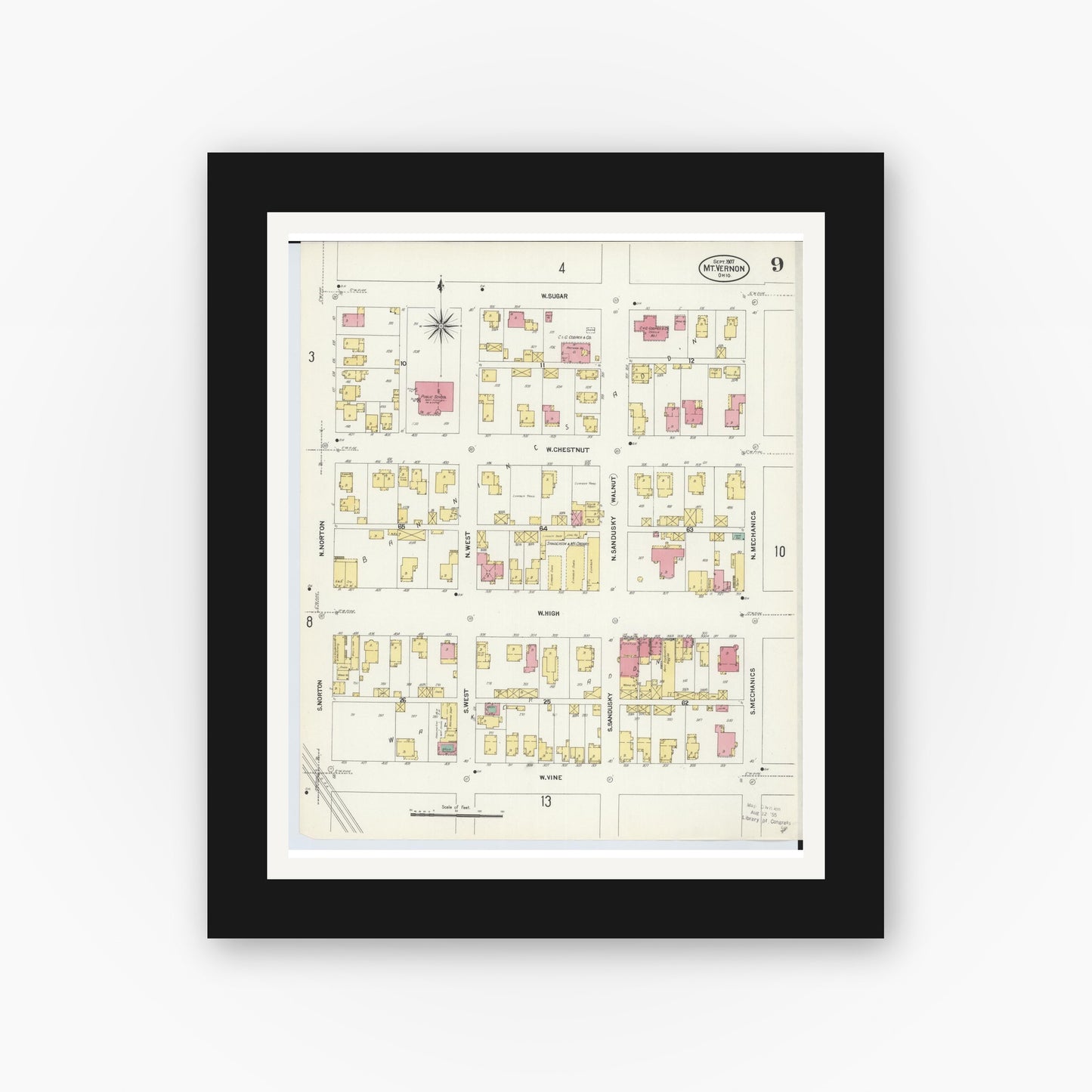Old map wall art mockup — black gallery frame with white mat — Sanborn Fire Insurance Map from Mount Vernon, Knox County, Ohio (1907), Sheet #0009