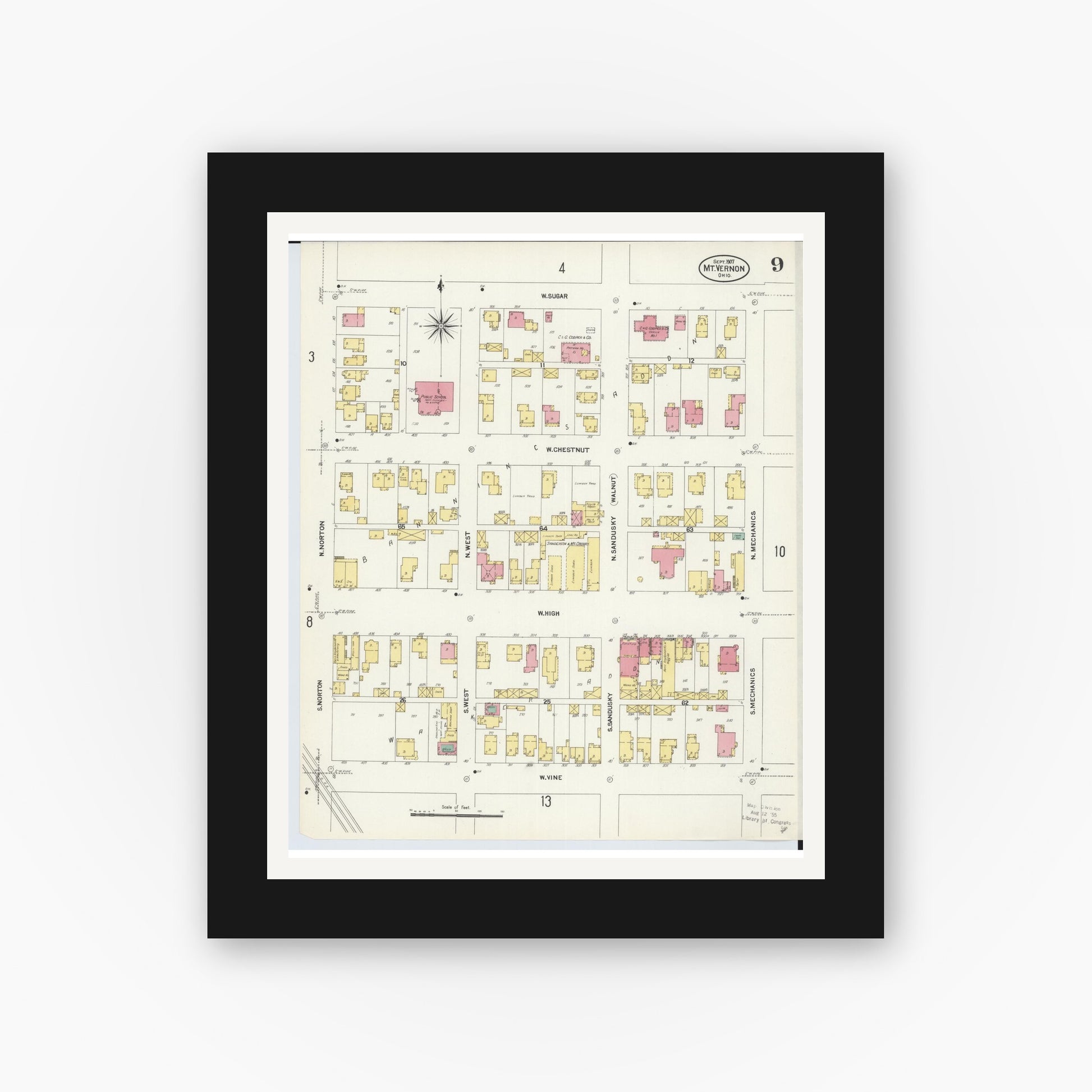 Old map wall art mockup — black gallery frame with white mat — Sanborn Fire Insurance Map from Mount Vernon, Knox County, Ohio (1907), Sheet #0009
