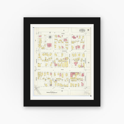 Old map wall art mockup — black gallery frame with white mat — Sanborn Fire Insurance Map from Mount Vernon, Knox County, Ohio (1907), Sheet #0009