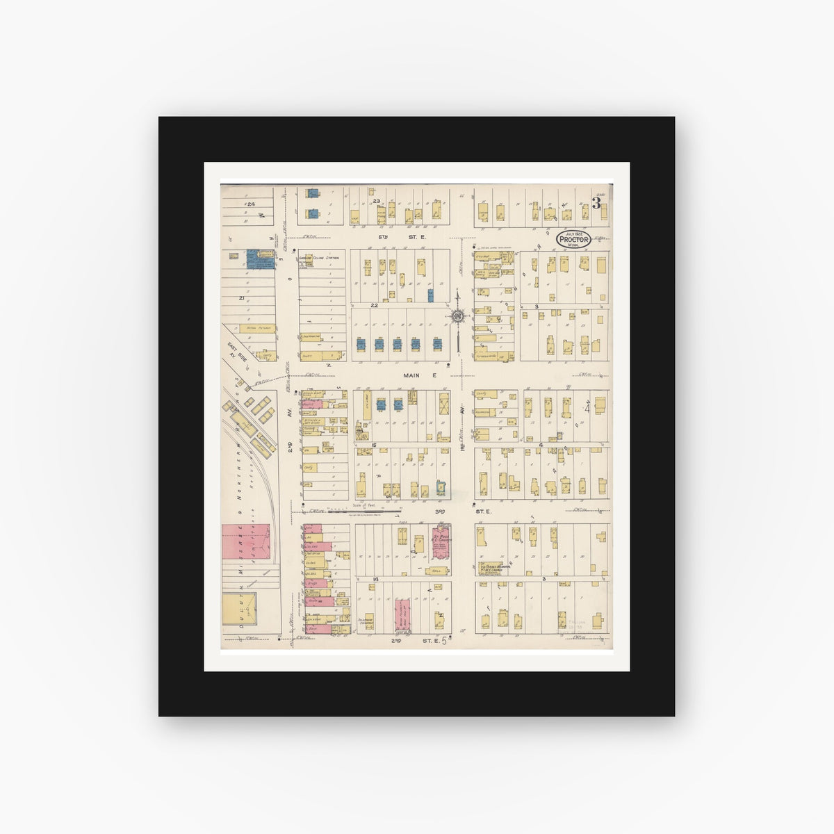 Old map wall art mockup — black gallery frame with white mat — Sanborn Fire Insurance Map from Proctor, Saint Louis County, Minnesota (1922), Sheet #0003