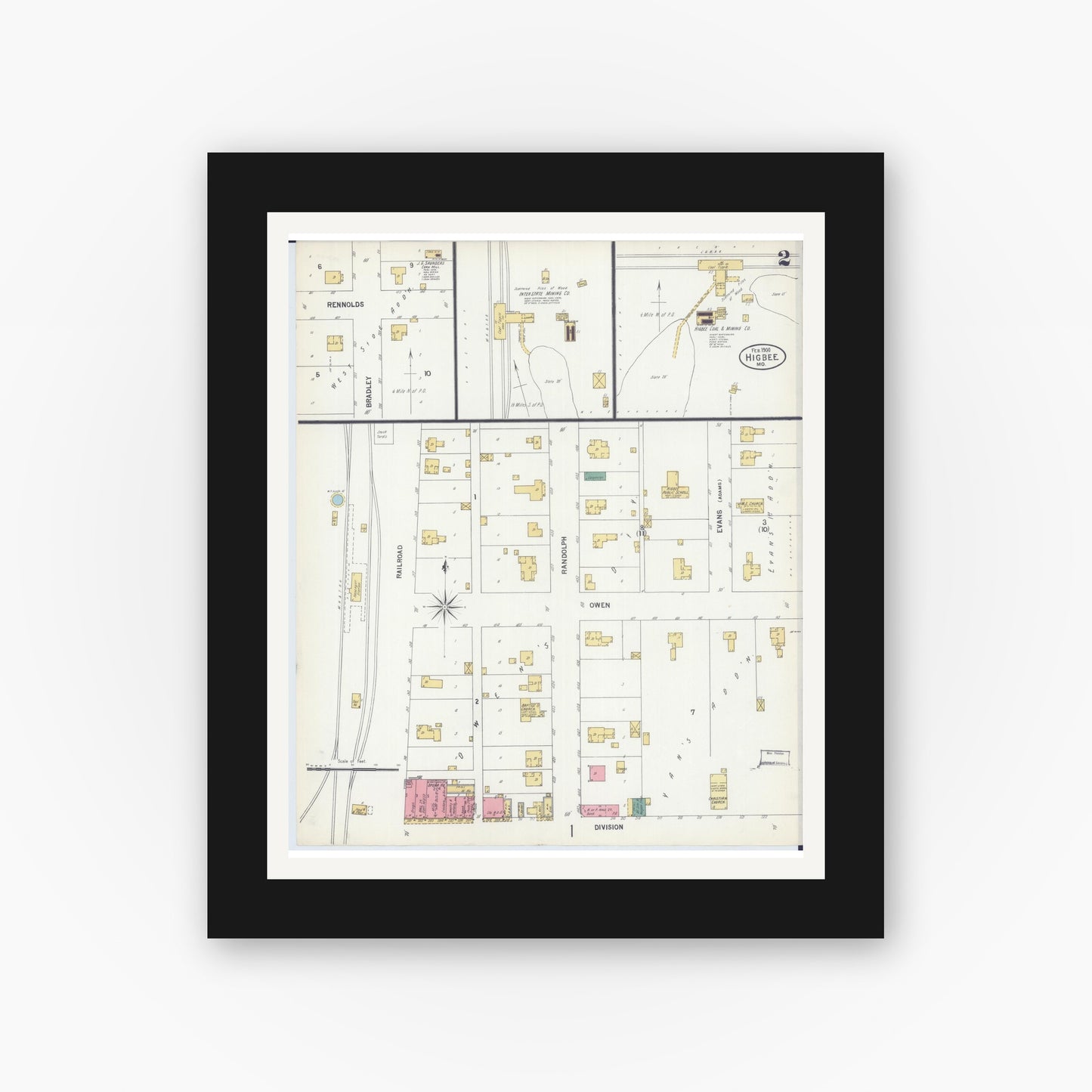 Old map wall art mockup — black gallery frame with white mat — Sanborn Fire Insurance Map from Higbee, Randolph County, Missouri (1900), Sheet #0002