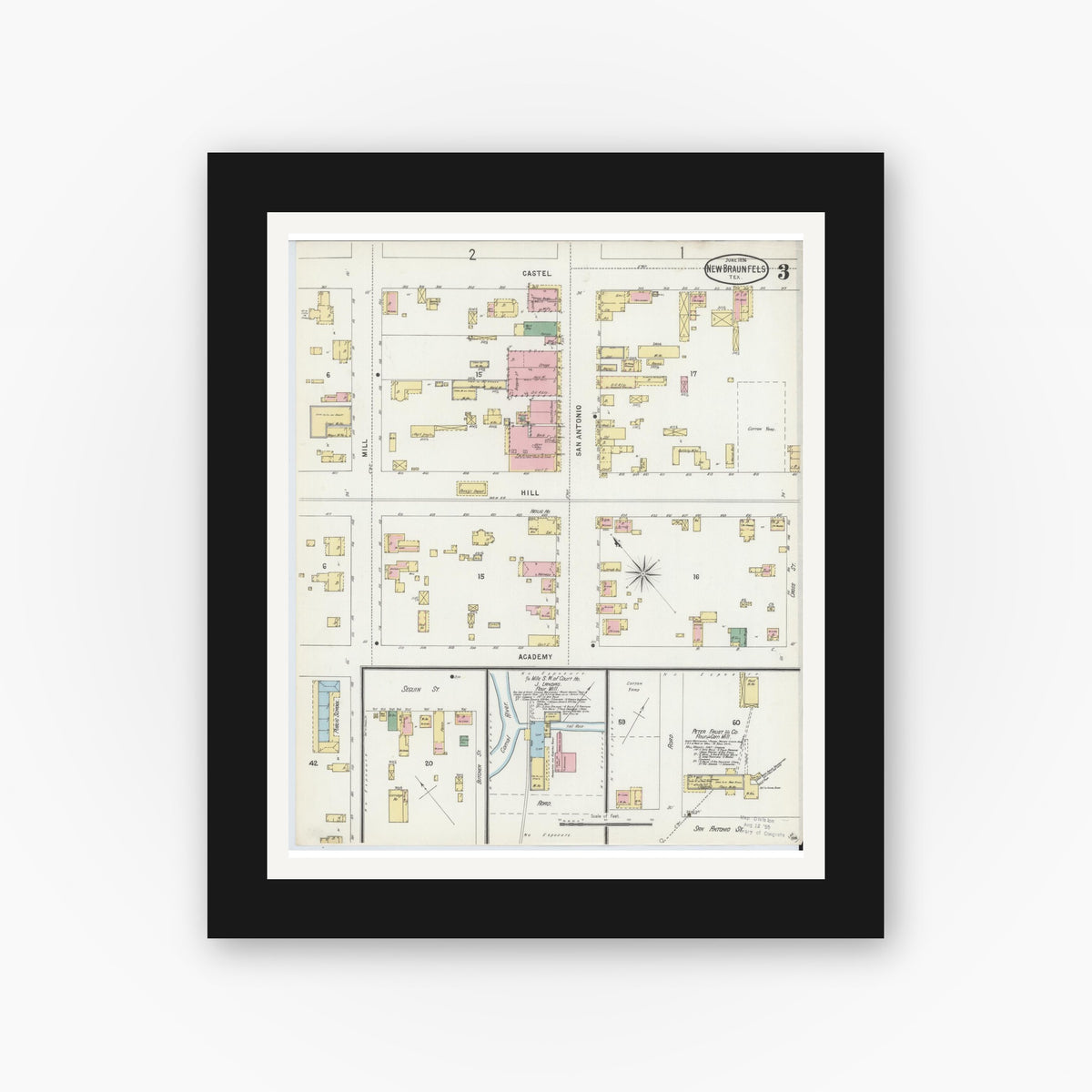 Old map wall art mockup — black gallery frame with white mat — Sanborn Fire Insurance Map from New Braunfels, Comal County, Texas (1896), Sheet #0003