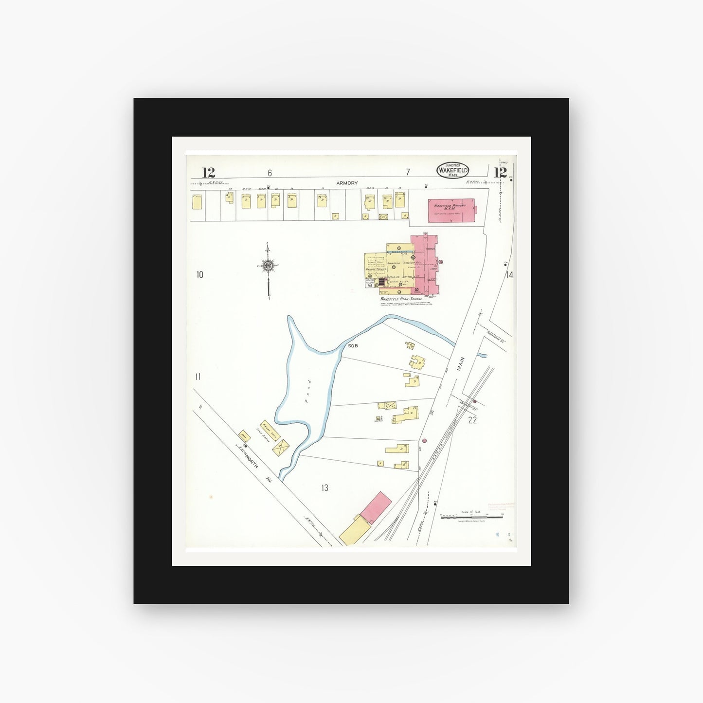 Old map wall art mockup — black gallery frame with white mat — Sanborn Fire Insurance Map from Wakefield, Middlesex County, Massachusetts (1923), Sheet #0012