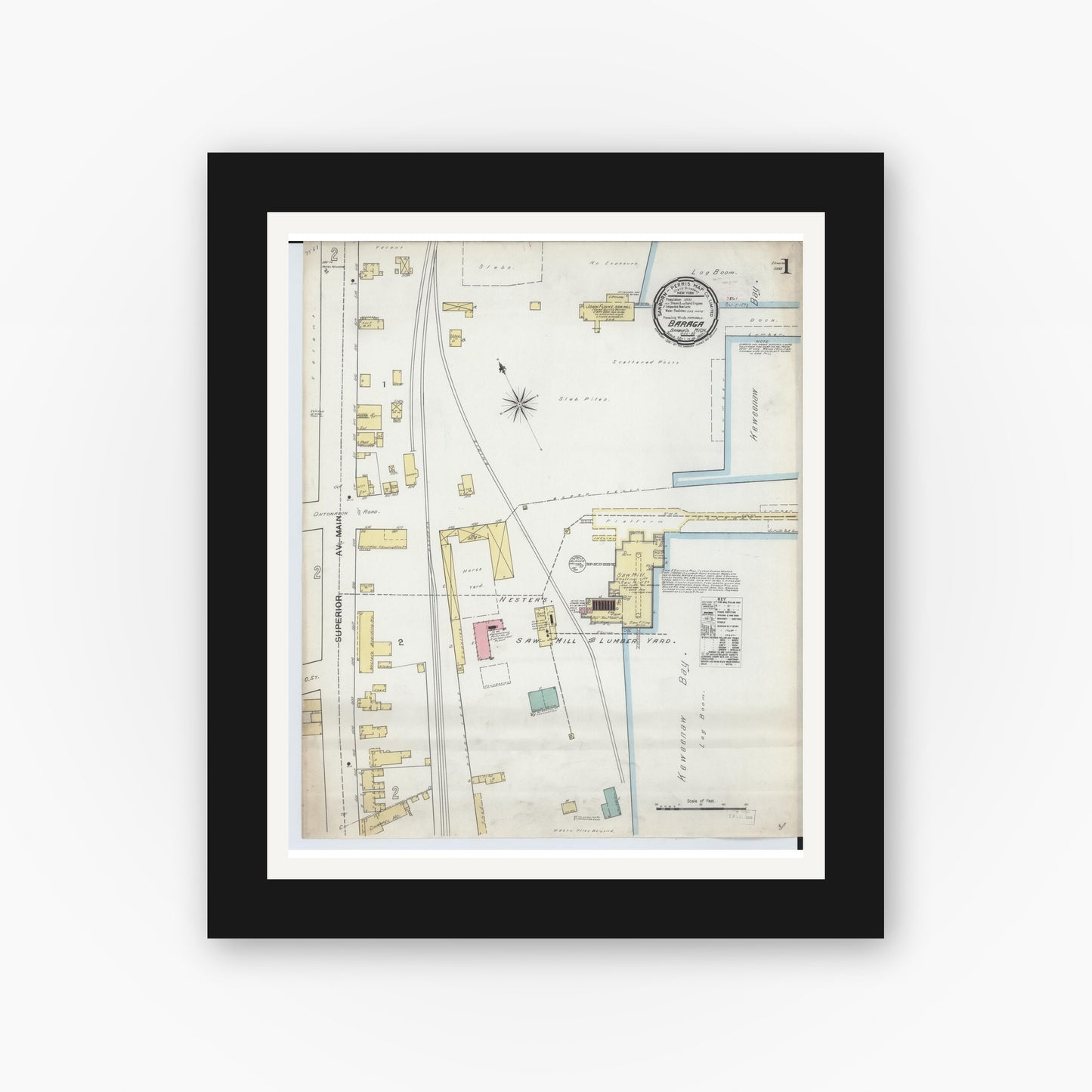 Old map wall art mockup — black gallery frame with white mat — Sanborn Fire Insurance Map from Baraga, Baraga County, Michigan (1892), Sheet #0001