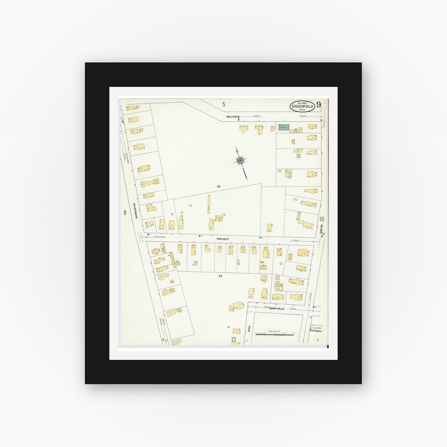 Old map wall art mockup — black gallery frame with white mat — Sanborn Fire Insurance Map from Greenfield, Franklin County, Massachusetts (1909), Sheet #0009