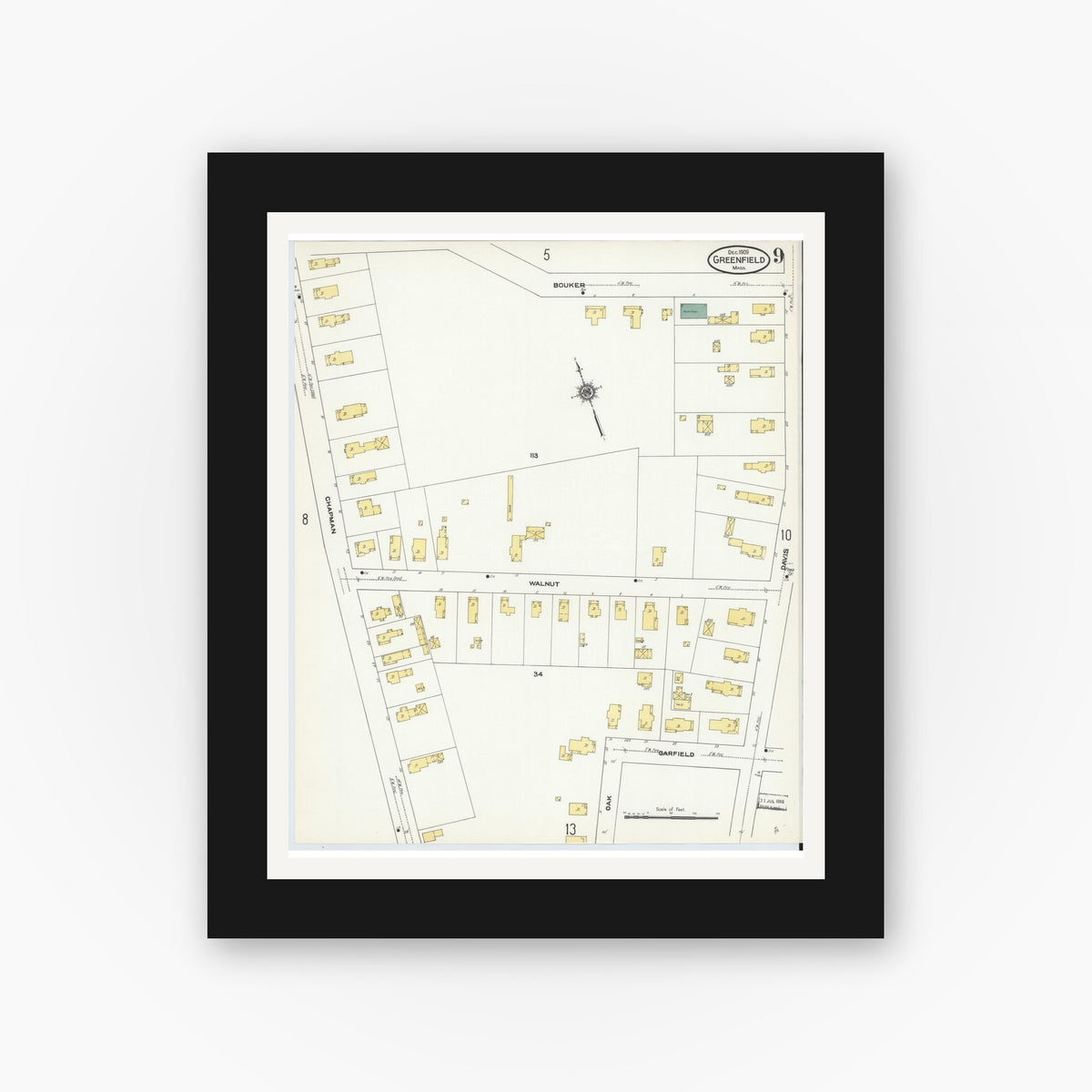Old map wall art mockup — black gallery frame with white mat — Sanborn Fire Insurance Map from Greenfield, Franklin County, Massachusetts (1909), Sheet #0009