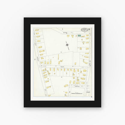 Old map wall art mockup — black gallery frame with white mat — Sanborn Fire Insurance Map from Greenfield, Franklin County, Massachusetts (1909), Sheet #0009