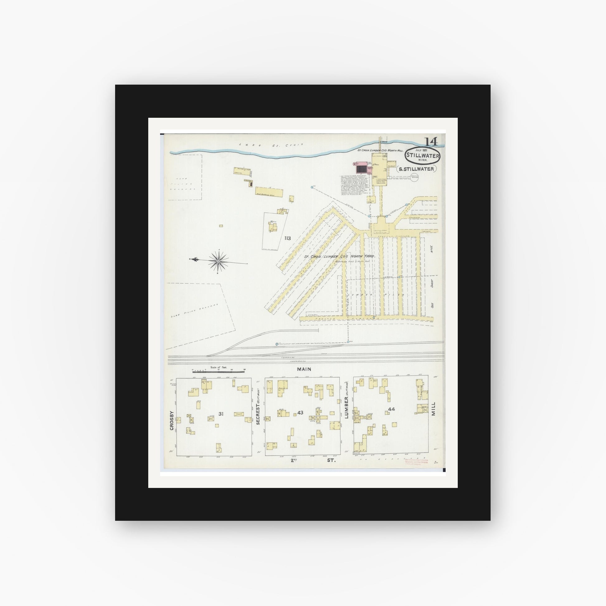Old map wall art mockup — black gallery frame with white mat — Sanborn Fire Insurance Map from Stillwater, Washington County, Minnesota (1891), Sheet #0014