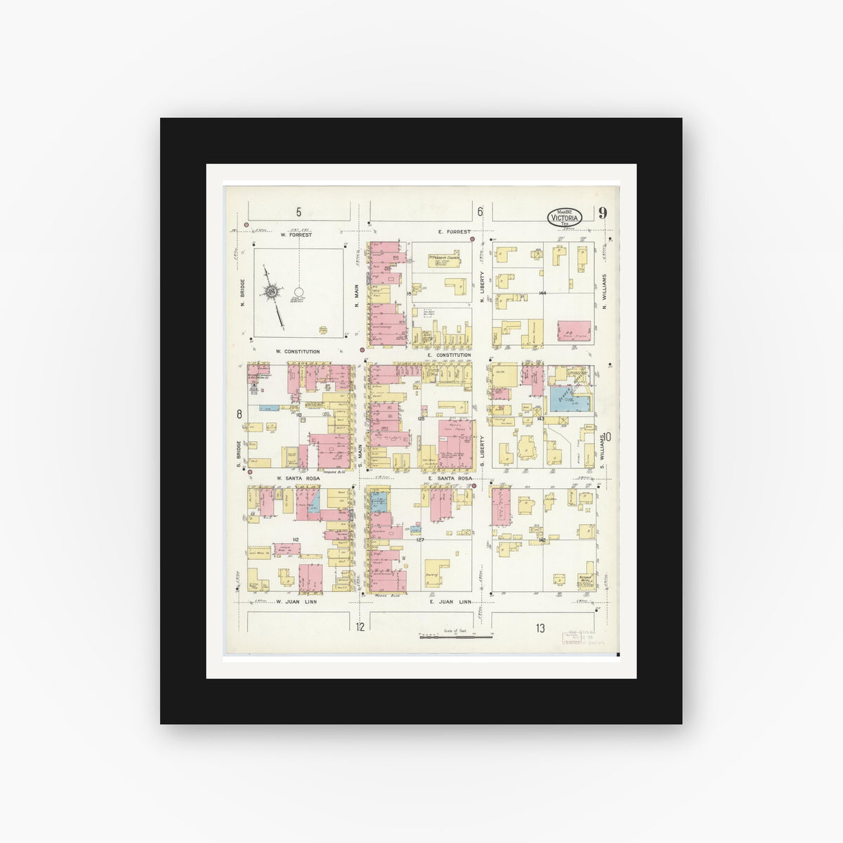 Old map wall art mockup — black gallery frame with white mat — Sanborn Fire Insurance Map from Victoria, Victoria County, Texas (1912), Sheet #0009