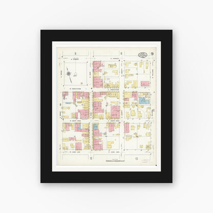 Old map wall art mockup — black gallery frame with white mat — Sanborn Fire Insurance Map from Victoria, Victoria County, Texas (1912), Sheet #0009