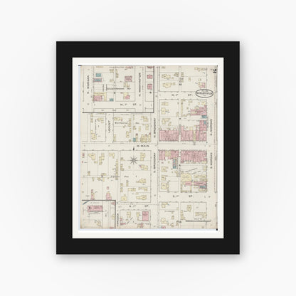Old map wall art mockup — black gallery frame with white mat — Sanborn Fire Insurance Map from Shelbyville, Shelby County, Illinois (1886), Sheet #0002