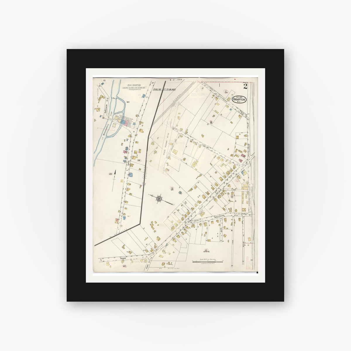 Old map wall art mockup — black gallery frame with white mat — Sanborn Fire Insurance Map from Hampton, Hunterdon County, New Jersey (1936), Sheet #0002