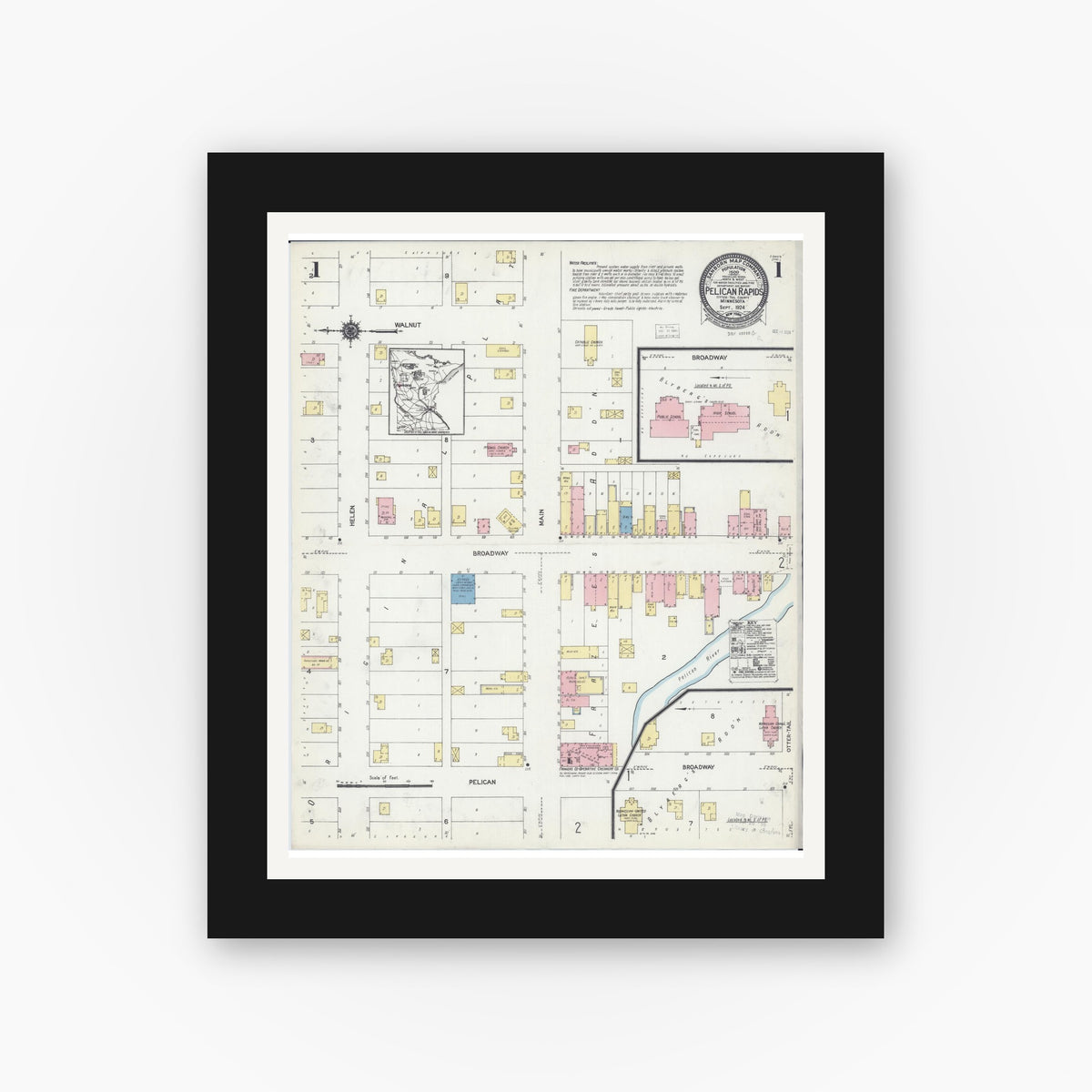 Old map wall art mockup — black gallery frame with white mat — Sanborn Fire Insurance Map from Pelican Rapids, Otter Tail County, Minnesota (1924) - Complete Map Set