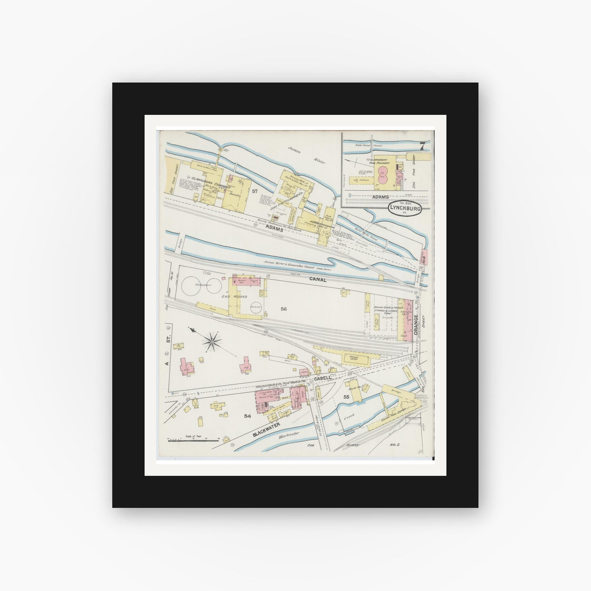 Old map wall art mockup — black gallery frame with white mat — Sanborn Fire Insurance Map from Lynchburg, Independent Cities, Virginia (1890), Sheet #0007