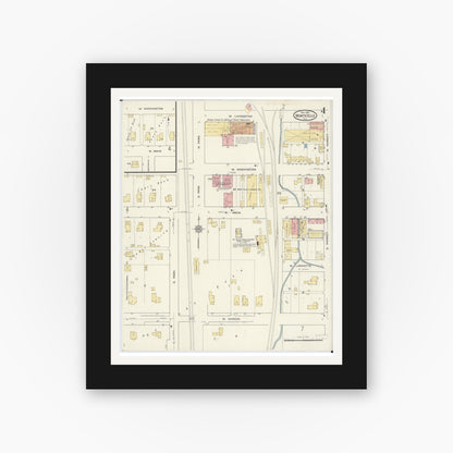 Old map wall art mockup — black gallery frame with white mat — Sanborn Fire Insurance Map from Monticello, Piatt County, Illinois (1915), Sheet #0004