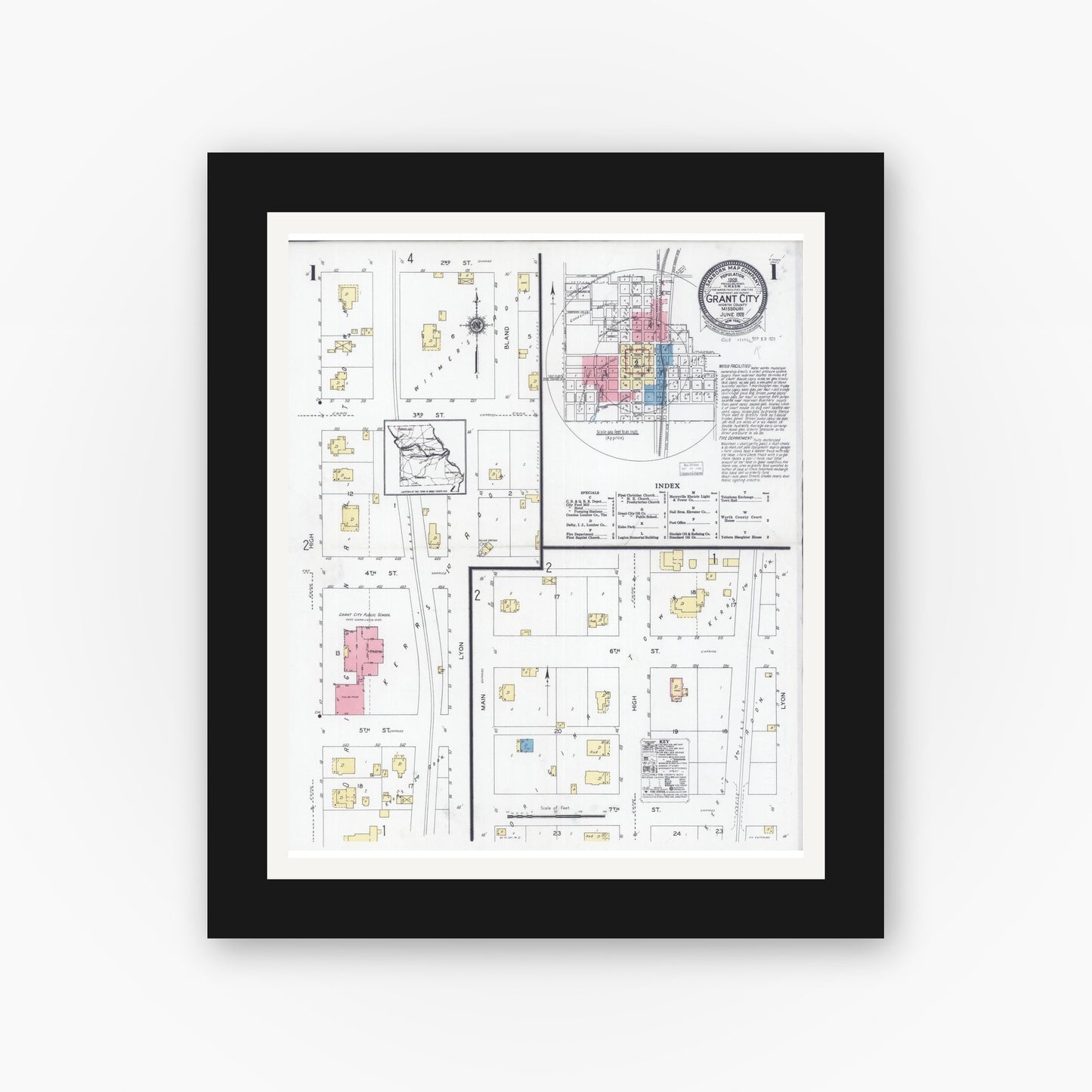 Old map wall art mockup — black gallery frame with white mat — Sanborn Fire Insurance Map from Grant City, Worth County, Missouri (1928) - Complete Map Set