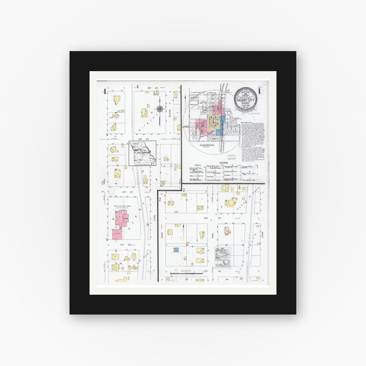 Old map wall art mockup — black gallery frame with white mat — Sanborn Fire Insurance Map from Grant City, Worth County, Missouri (1928) - Complete Map Set