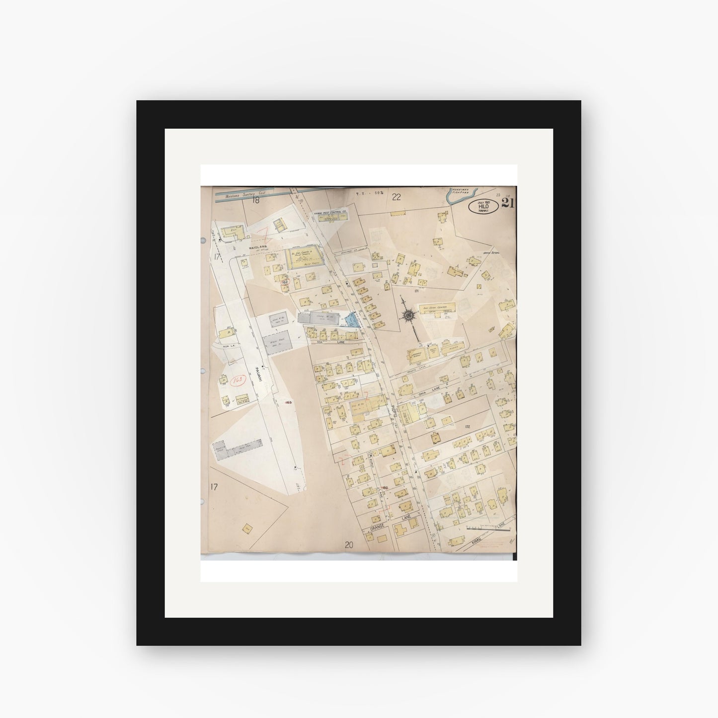 Old map wall art mockup — black gallery frame with white mat — Sanborn Fire Insurance Map from Hilo, Hawaii County, Hawaii (1957), Sheet #0021