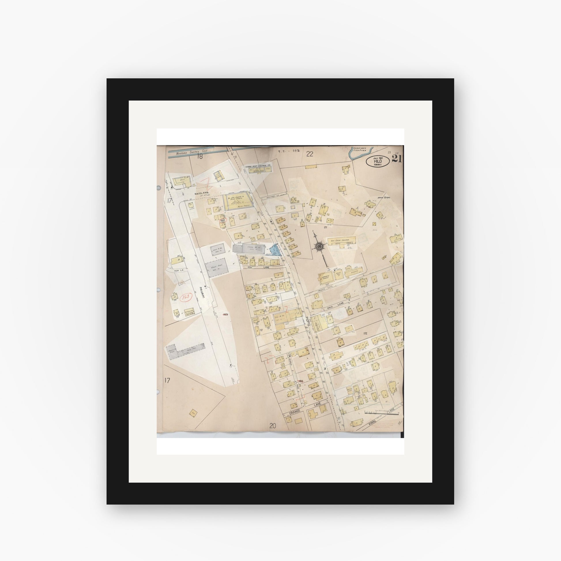 Old map wall art mockup — black gallery frame with white mat — Sanborn Fire Insurance Map from Hilo, Hawaii County, Hawaii (1957), Sheet #0021