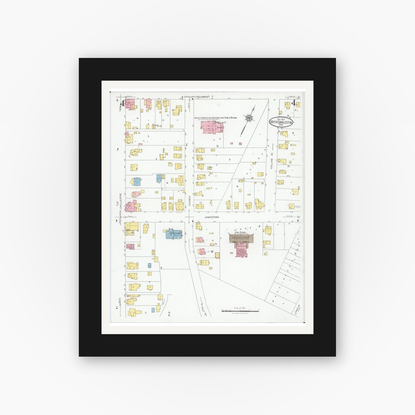 Old map wall art mockup — black gallery frame with white mat — Sanborn Fire Insurance Map from South Charleston, Clark County, Ohio (1927), Sheet #0004