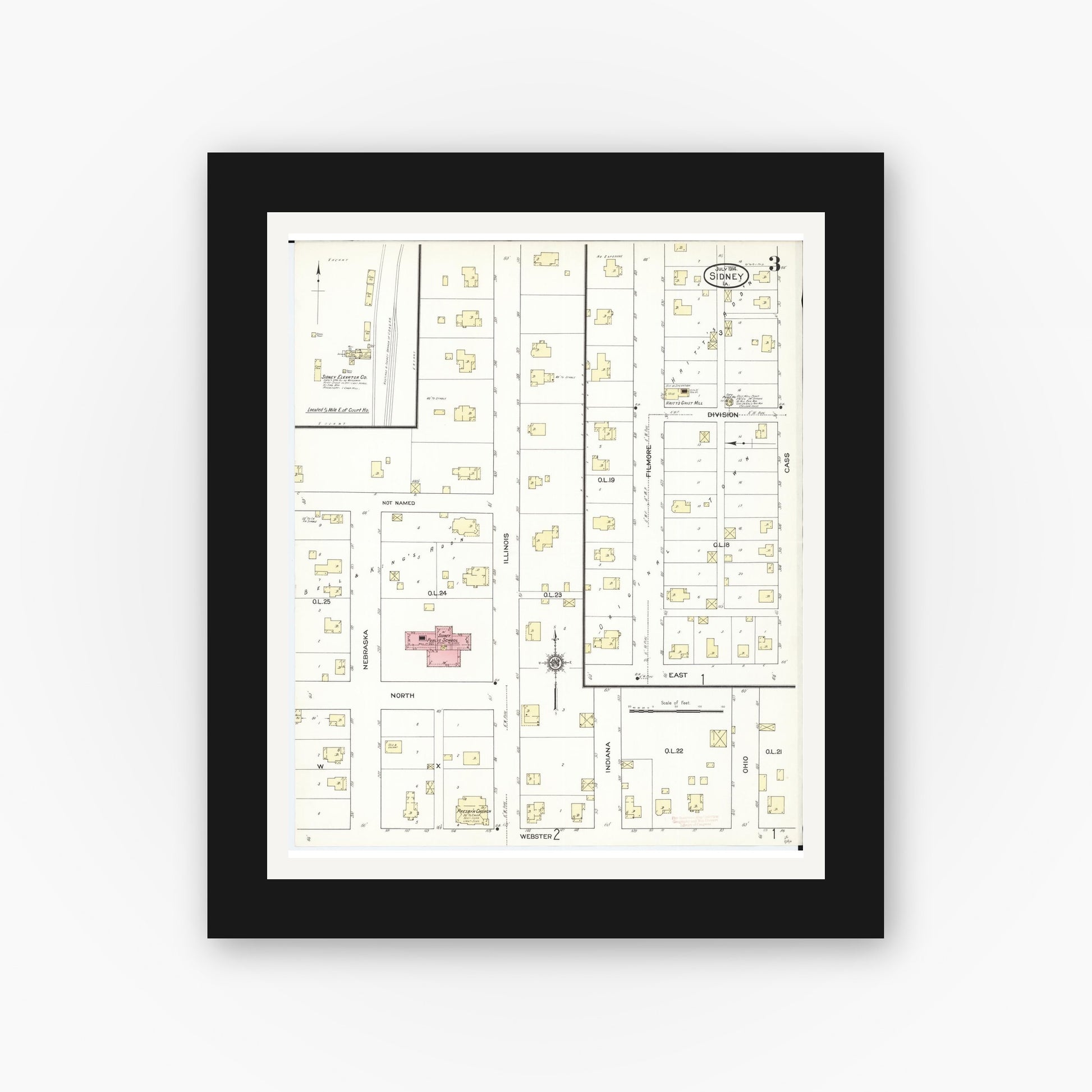 Old map wall art mockup — black gallery frame with white mat — Sanborn Fire Insurance Map from Sidney, Fremont County, Iowa (1914), Sheet #0003