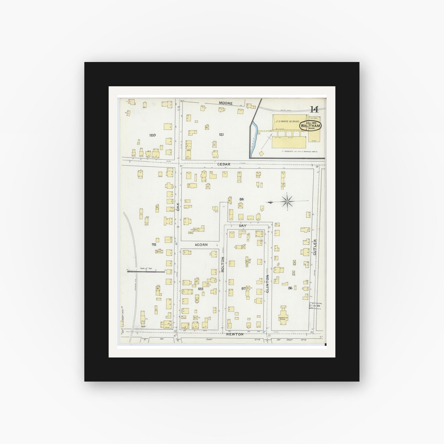 Old map wall art mockup — black gallery frame with white mat — Sanborn Fire Insurance Map from Waltham, Middlesex County, Massachusetts (1892), Sheet #0014