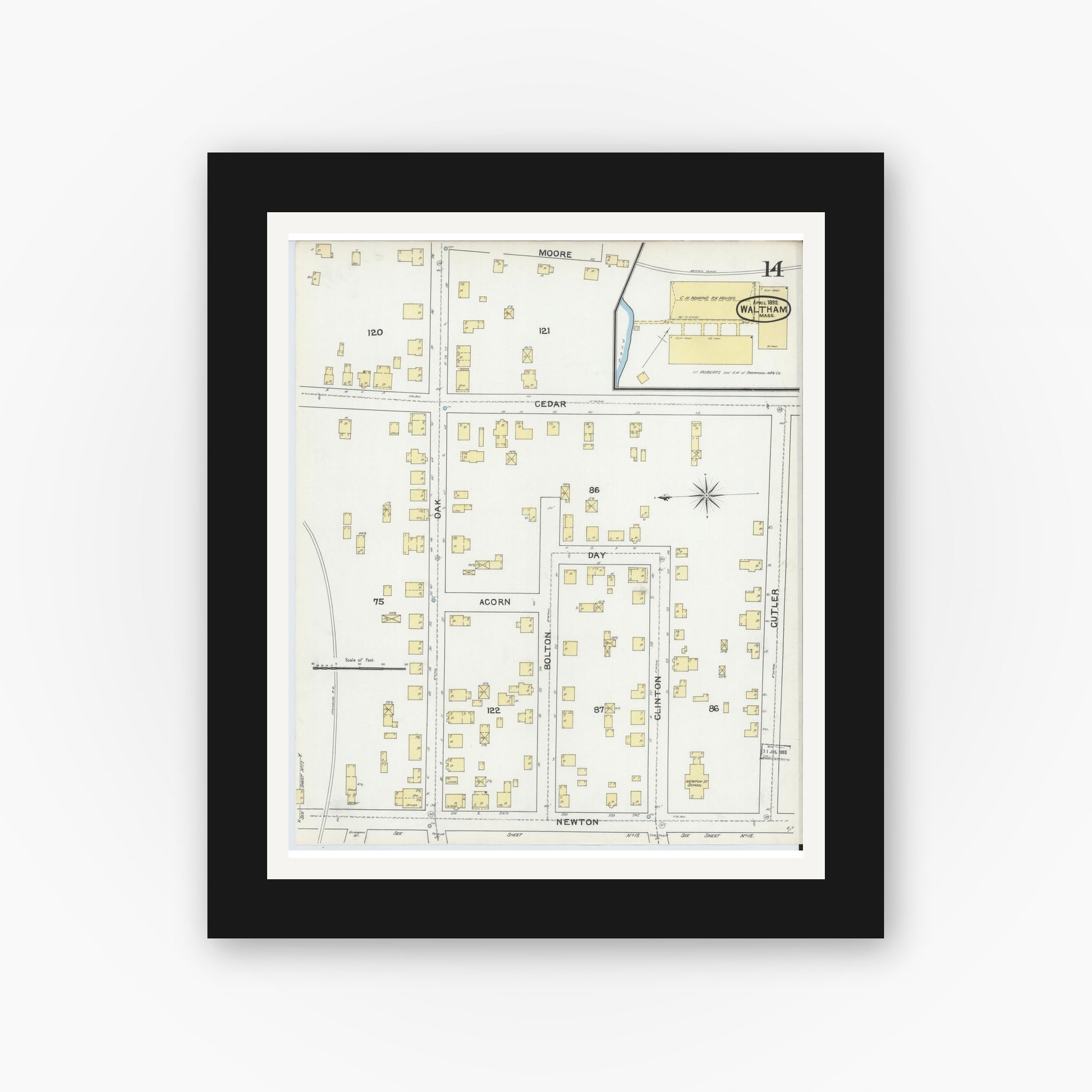 Old map wall art mockup — black gallery frame with white mat — Sanborn Fire Insurance Map from Waltham, Middlesex County, Massachusetts (1892), Sheet #0014