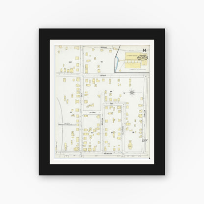 Old map wall art mockup — black gallery frame with white mat — Sanborn Fire Insurance Map from Waltham, Middlesex County, Massachusetts (1892), Sheet #0014