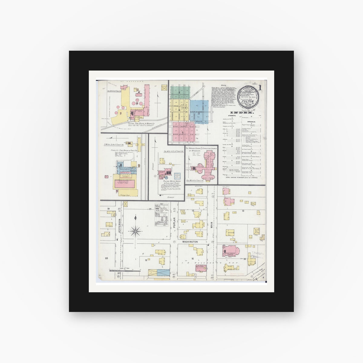 Old map wall art mockup — black gallery frame with white mat — Sanborn Fire Insurance Map from Fulton, Callaway County, Missouri (1895), Sheet #0001