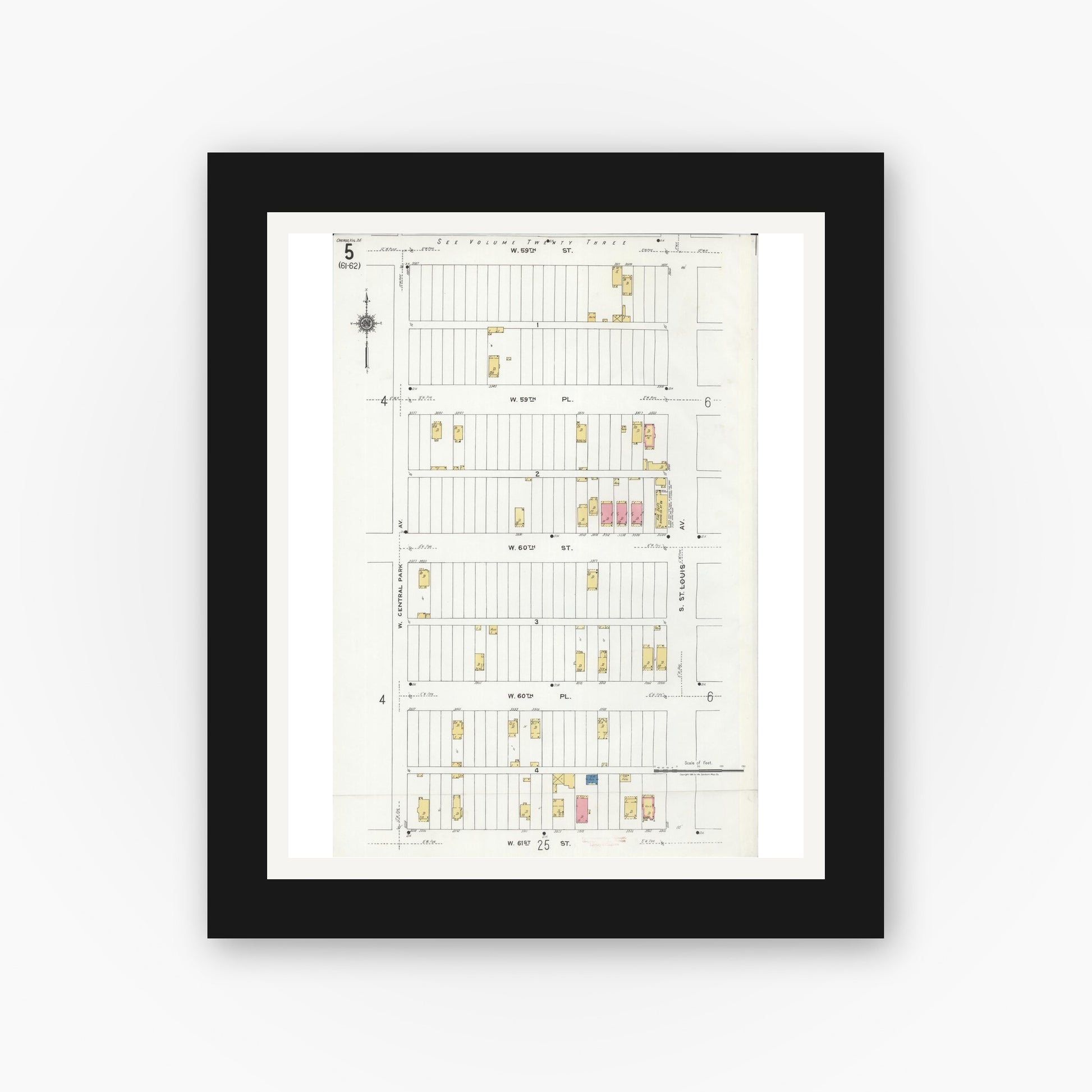 Old map wall art mockup — black gallery frame with white mat — Sanborn Fire Insurance Map from Chicago, Cook County, Illinois (1920), Sheet #0005