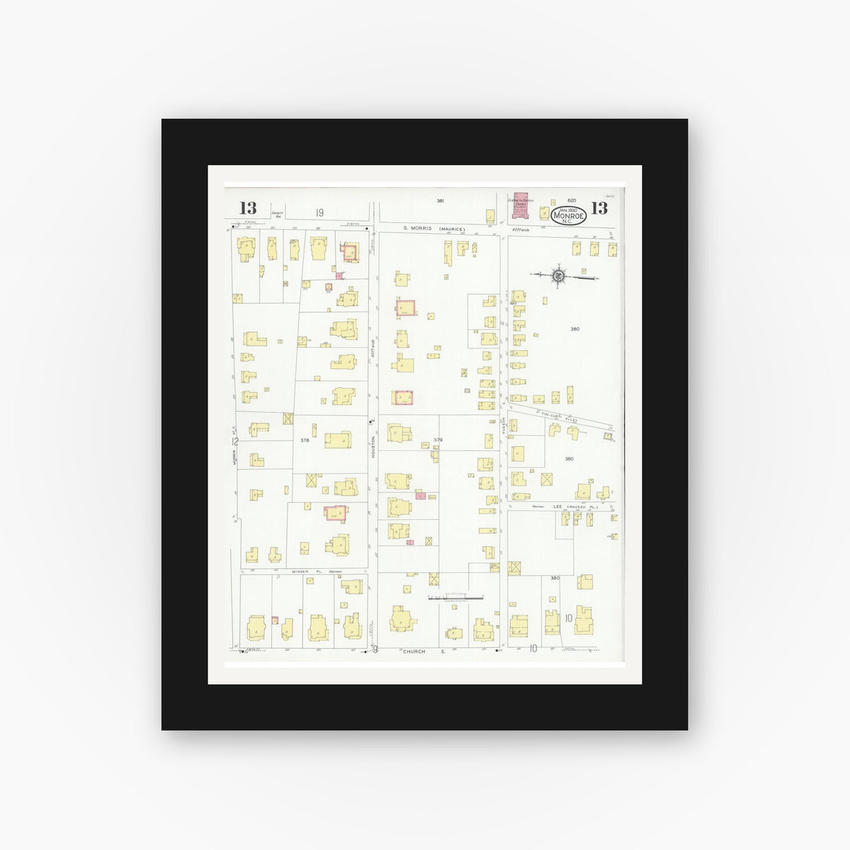 Old map wall art mockup — black gallery frame with white mat — Sanborn Fire Insurance Map from Monroe, Union County, North Carolina (1930), Sheet #0013