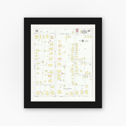 Old map wall art mockup — black gallery frame with white mat — Sanborn Fire Insurance Map from Monroe, Union County, North Carolina (1930), Sheet #0013