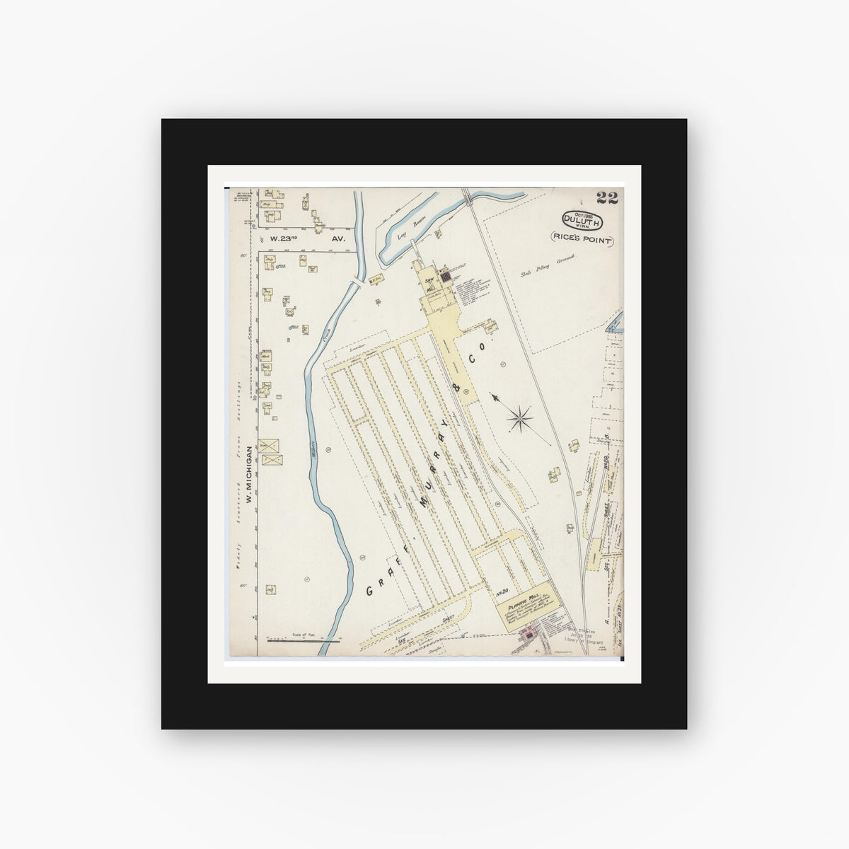 Old map wall art mockup — black gallery frame with white mat — Sanborn Fire Insurance Map from Duluth, Saint Louis County, Minnesota (1885), Sheet #0022