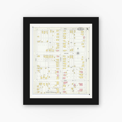 Old map wall art mockup — black gallery frame with white mat — Sanborn Fire Insurance Map from Bellefontaine, Logan County, Ohio (1901), Sheet #0002