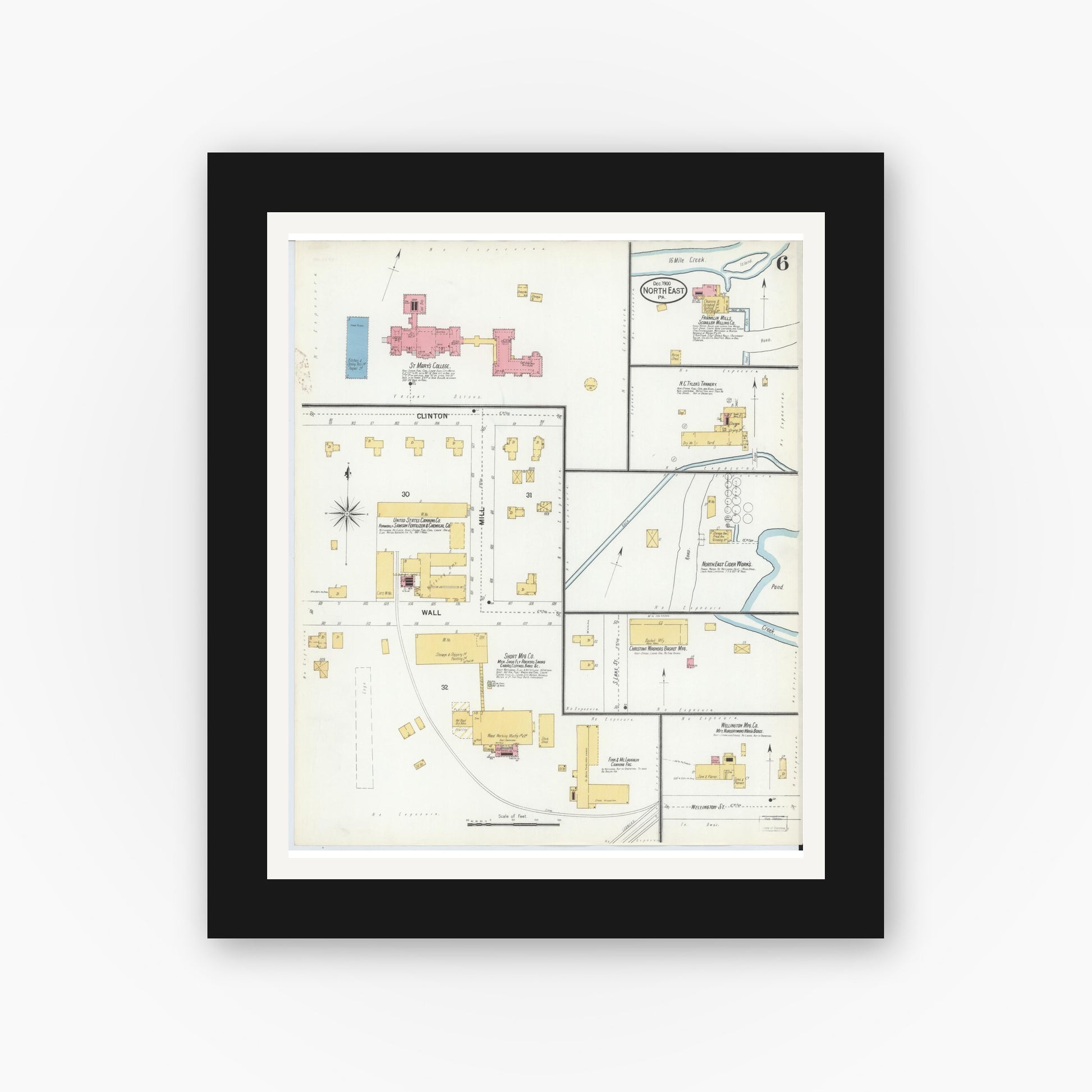 Old map wall art mockup — black gallery frame with white mat — Sanborn Fire Insurance Map from North East, Erie County, Pennsylvania (1900), Sheet #0006