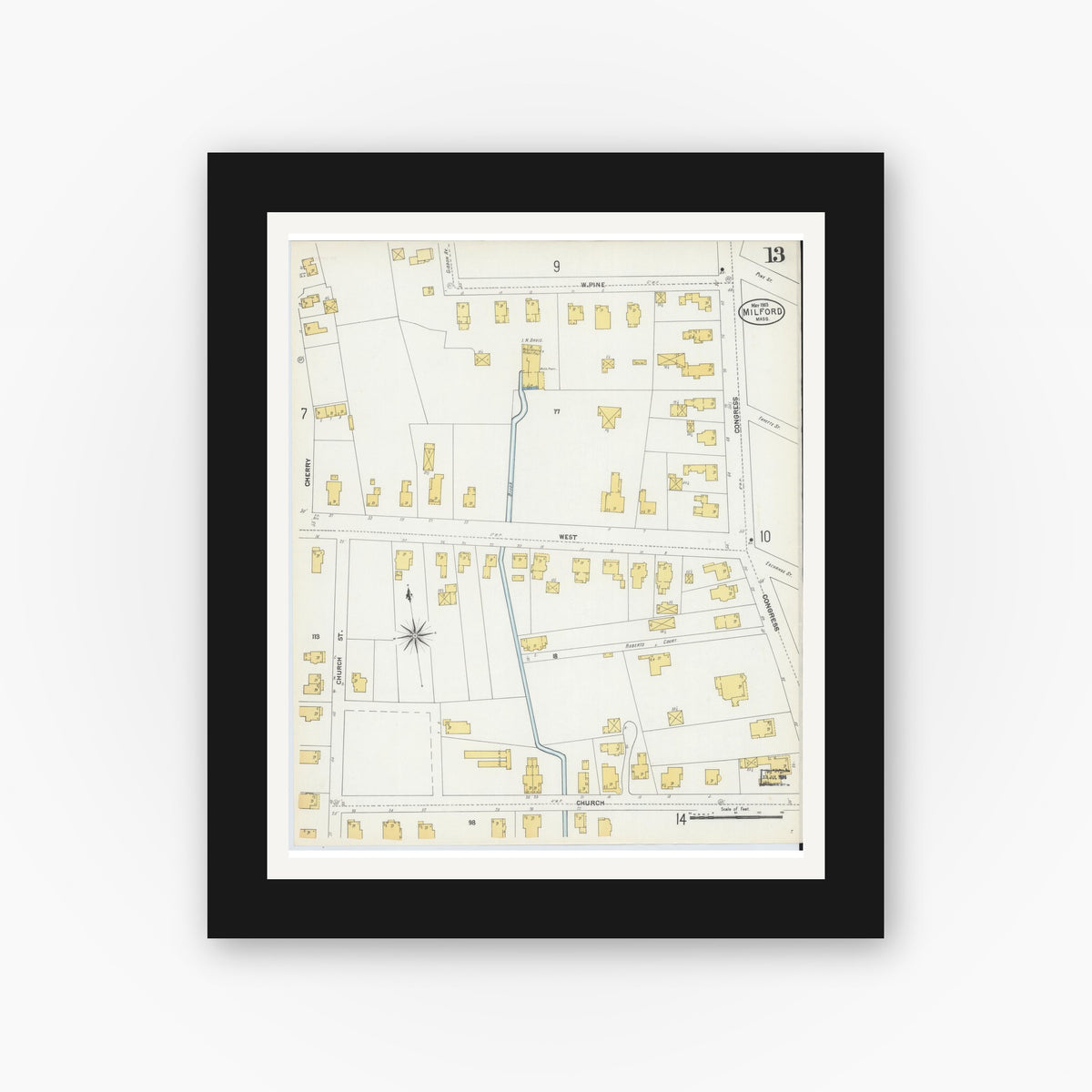 Old map wall art mockup — black gallery frame with white mat — Sanborn Fire Insurance Map from Milford, Worcester County, Massachusetts (1903), Sheet #0013
