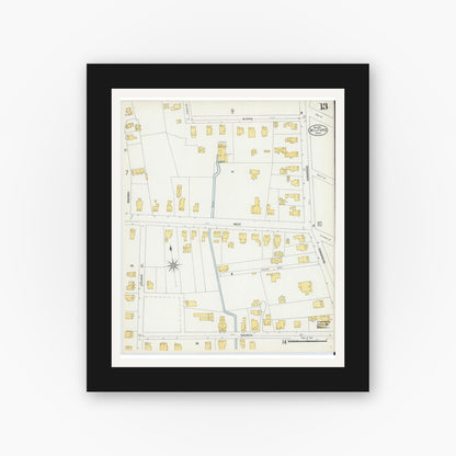 Old map wall art mockup — black gallery frame with white mat — Sanborn Fire Insurance Map from Milford, Worcester County, Massachusetts (1903), Sheet #0013