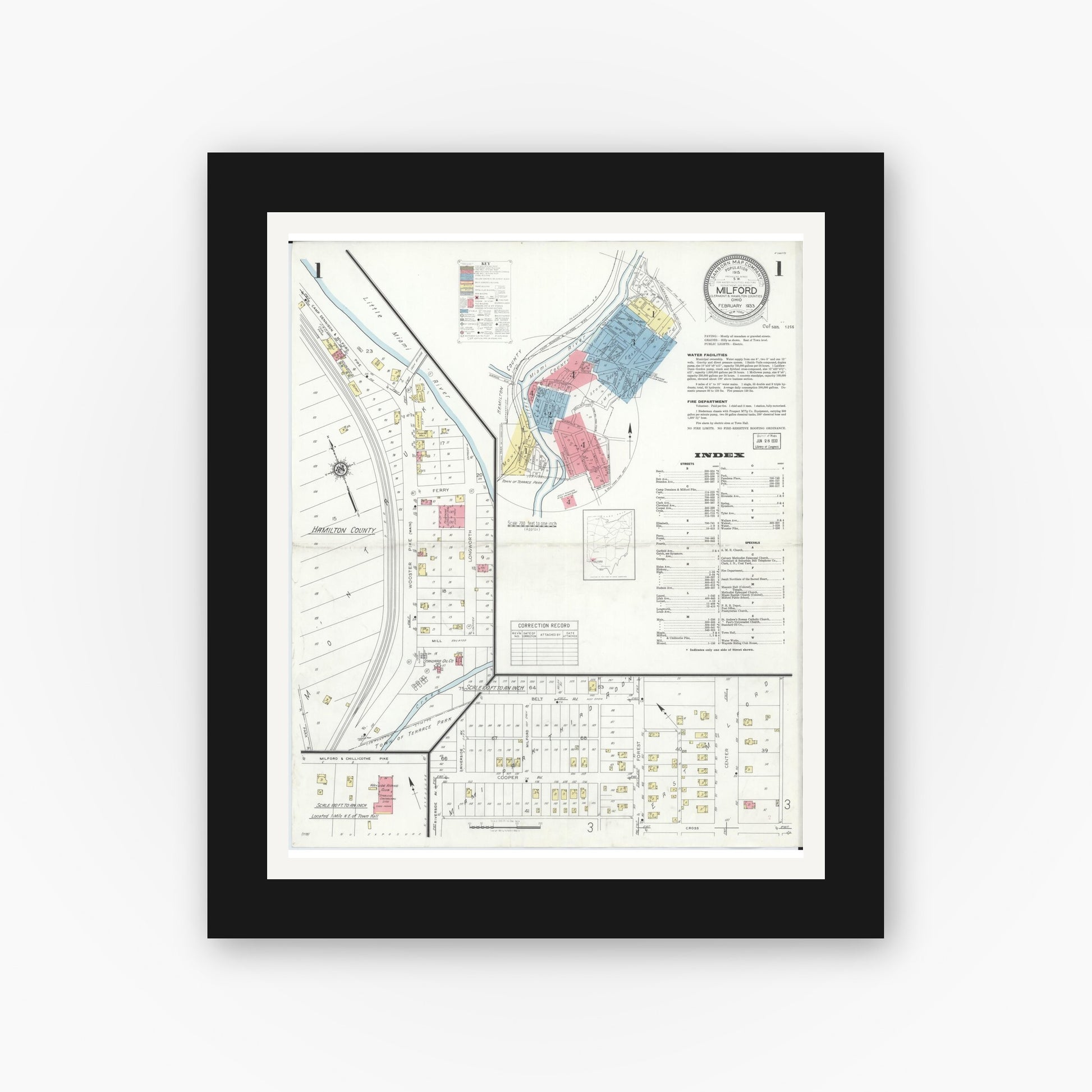 Old map wall art mockup — black gallery frame with white mat — Sanborn Fire Insurance Map from Milford, Clermont And Hamilton County, Ohio (1933) - Complete Map Set