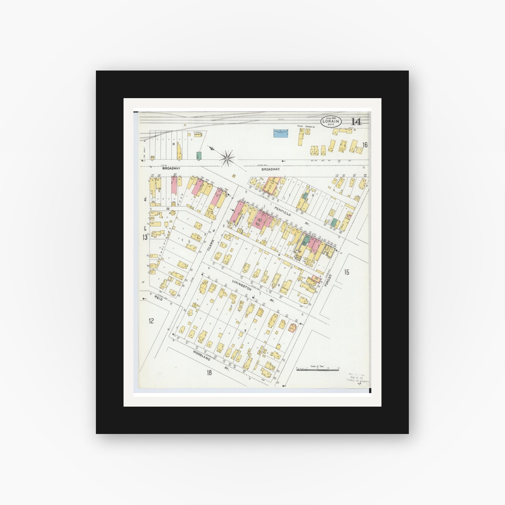 Old map wall art mockup — black gallery frame with white mat — Sanborn Fire Insurance Map from Lorain, Lorain County, Ohio (1905), Sheet #0014