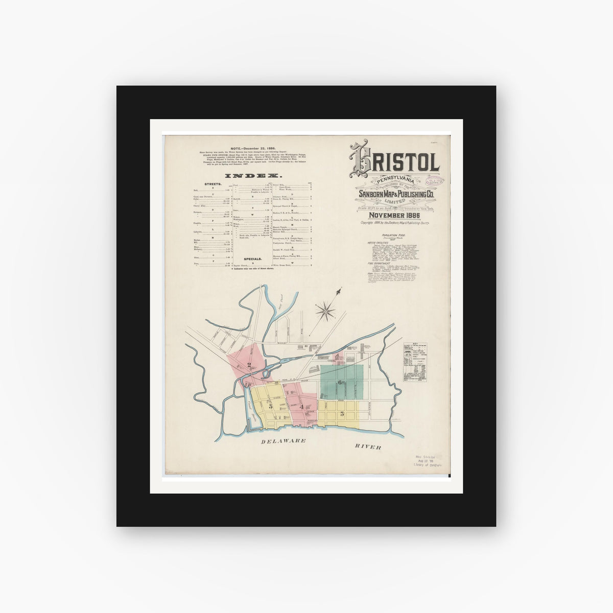 Old map wall art mockup — black gallery frame with white mat — Sanborn Fire Insurance Map from Bristol, Bucks County, Pennsylvania (1886), Sheet #0001