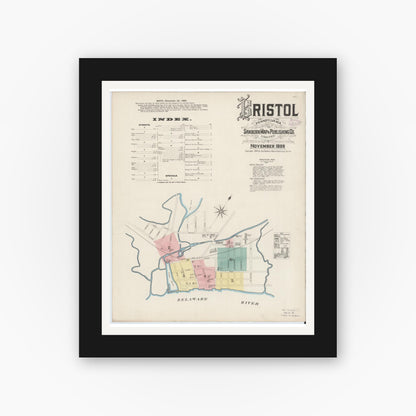 Old map wall art mockup — black gallery frame with white mat — Sanborn Fire Insurance Map from Bristol, Bucks County, Pennsylvania (1886), Sheet #0001